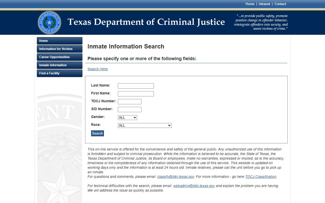 Roberts County inmate lookup through TDCJ inmate search